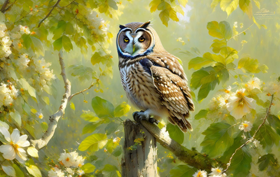 Detailed Owl Perched on Branch Among White Flowers Painting