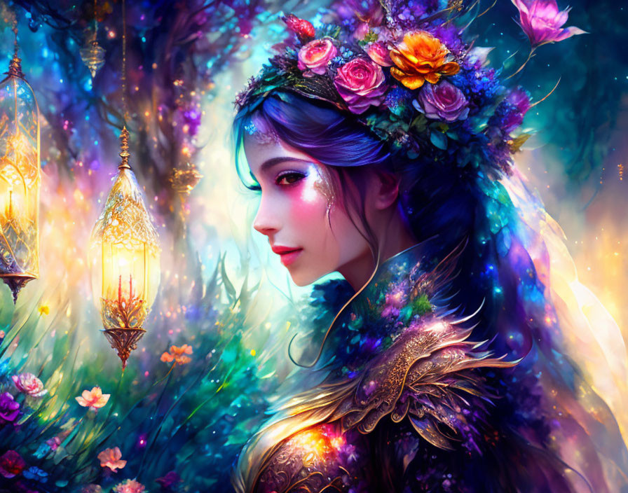 Mystical woman in floral crown and ornate armor in enchanted forest with lanterns