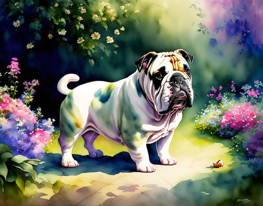 Bulldog with butterfly in vibrant, painterly style