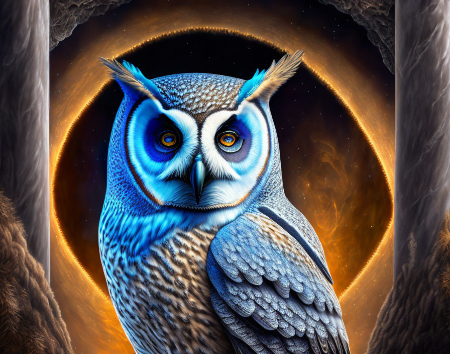 Blue owl with intense eyes perched in rocky crevice with swirling orange galaxy.