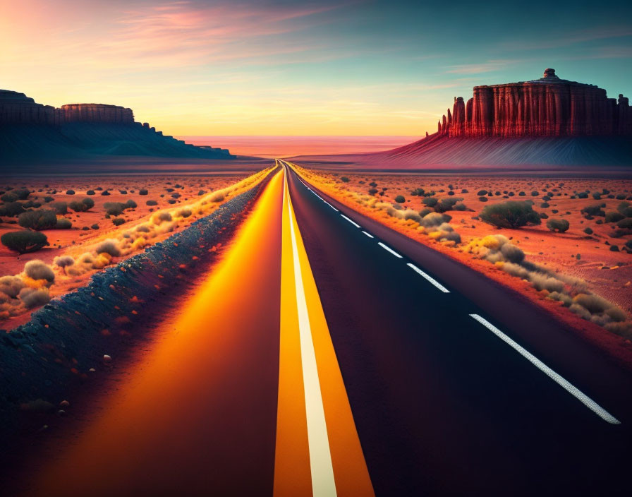 Desert landscape with straight road and dramatic rock formations at sunset