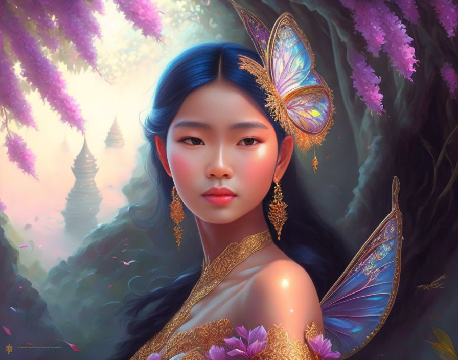 Blue-haired woman with butterfly wings in mystical forest with purple foliage and distant pagodas.