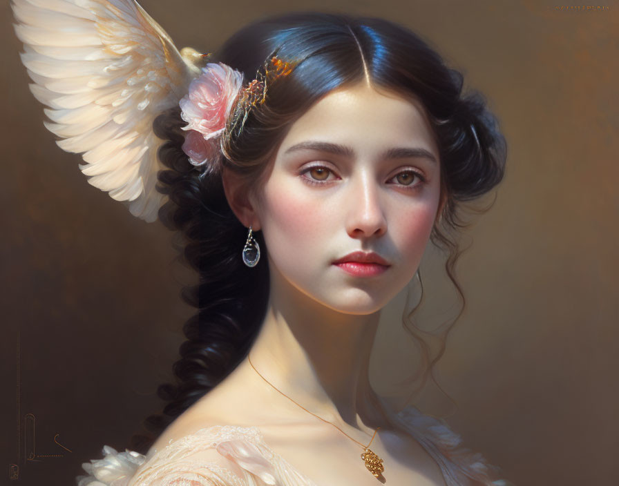 Digital art portrait of woman with angel wing, dark hair, earring, white dress.