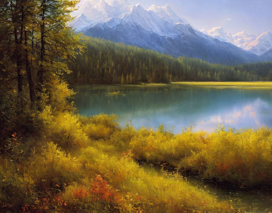 Tranquil Lake Scene with Snow-Capped Mountains & Autumn Foliage