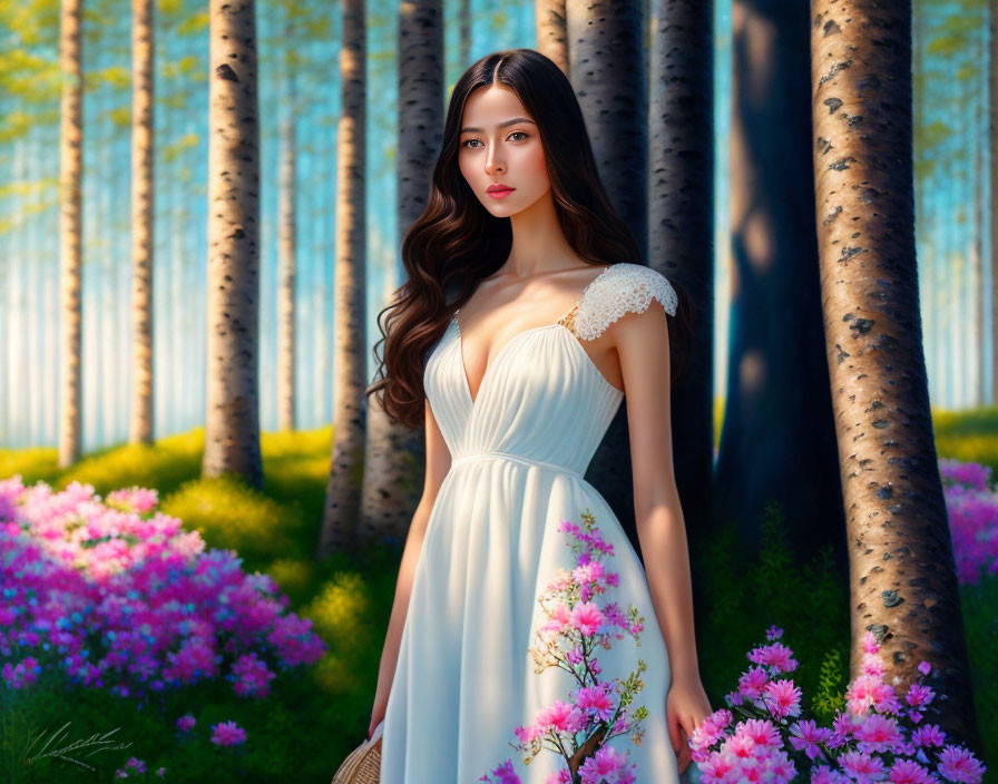 Woman in White Dress Surrounded by Pink Flowers and Trees