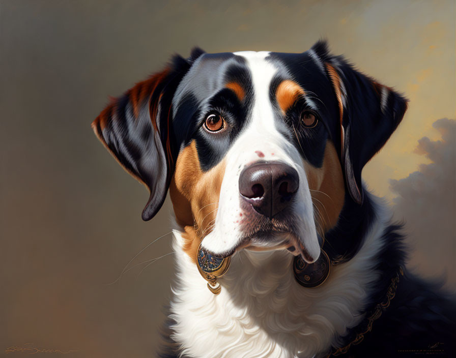 Realistic Bernese Mountain Dog Portrait with Glossy Fur and Collar on Brown Background