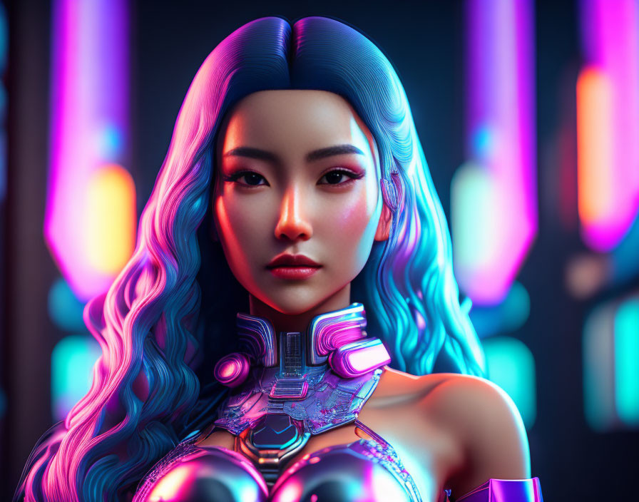 Futuristic female character with blue hair in cybernetic armor on neon-lit backdrop