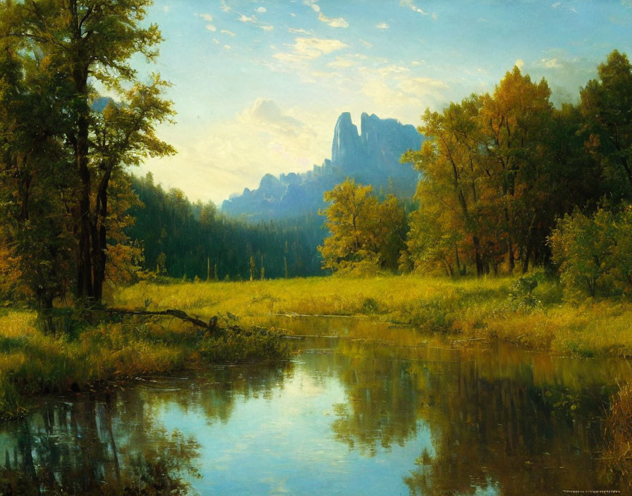 Tranquil Landscape with Stream, Greenery, and Mountain