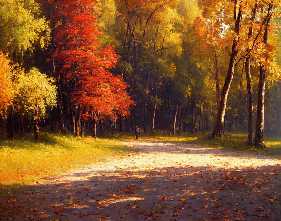 Colorful Autumn Forest Painting with Sunlight Filtering Through Canopy