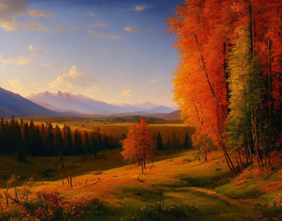 Vibrant autumn landscape: orange and yellow trees, mountains, clear blue sky