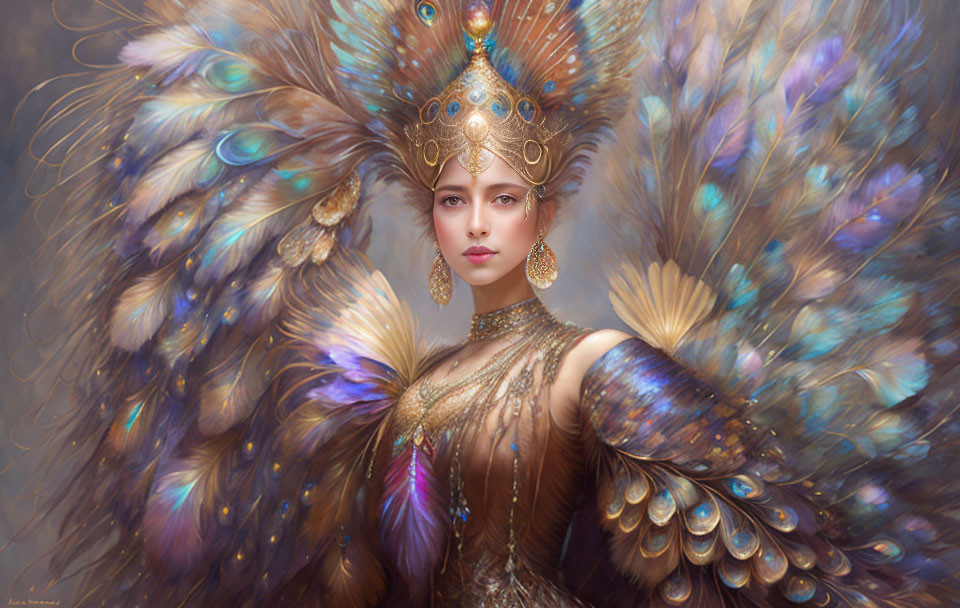 Luxurious peacock-themed costume with feathered headdress and gold jewelry.