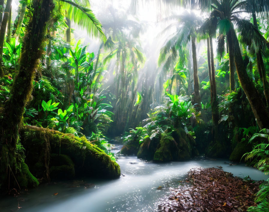 Tranquil rainforest scene with sunbeams, lush greenery, stream, and moss-covered