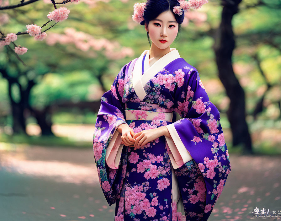 Woman in purple floral kimono surrounded by cherry blossoms