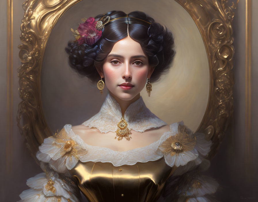 Victorian woman portrait with elegant hairstyle and gold dress in oval frame