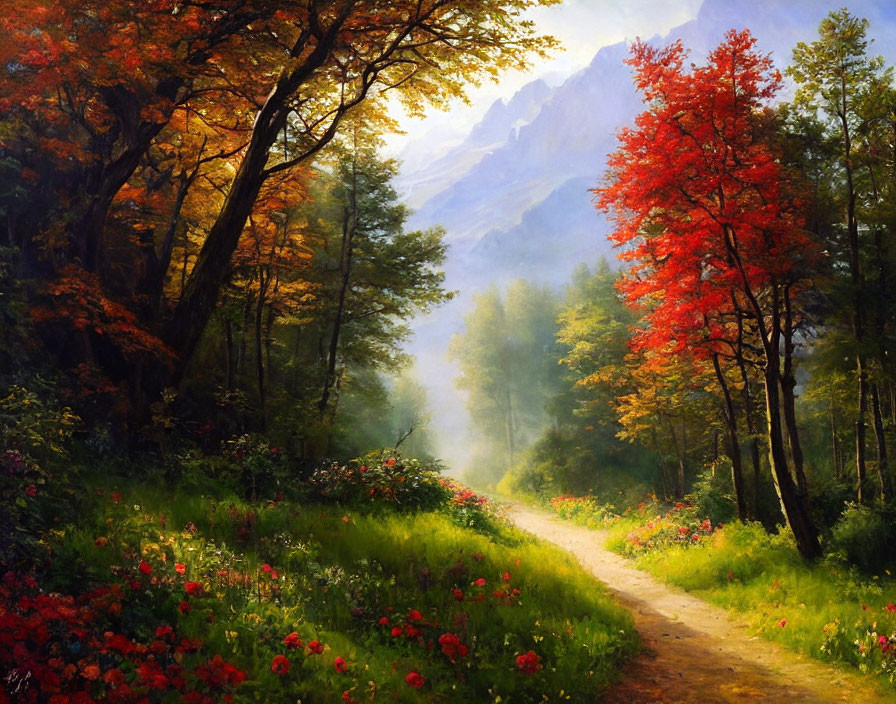 Tranquil forest path with lush greenery and autumn trees under soft sunlight