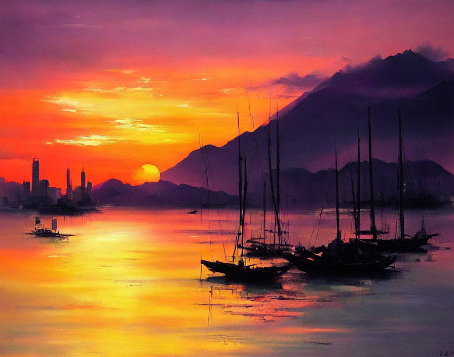 Colorful Sunset Painting with Sailboats, Cityscape, and Mountains