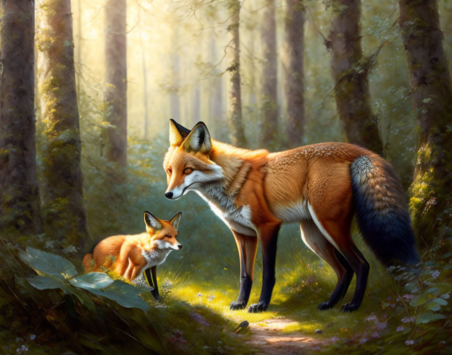 Adult and young fox in misty forest with tall trees