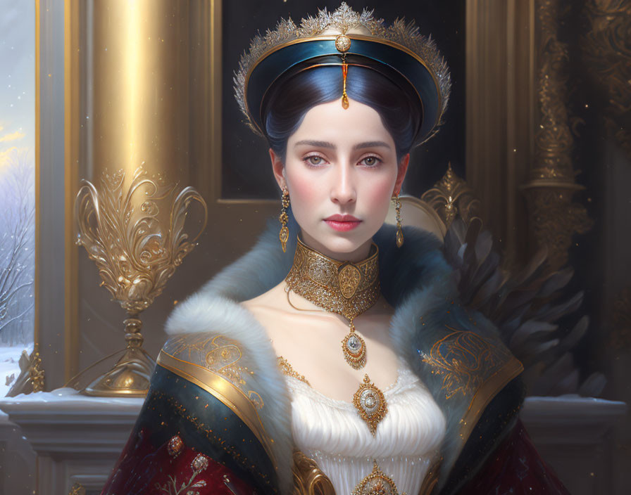 Regal woman in gold and red outfit with snowy scene and opulent architecture.