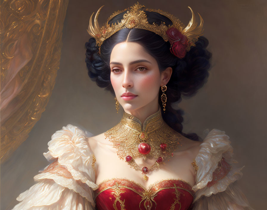 Regal woman with golden crown and red gown gazes serenely.