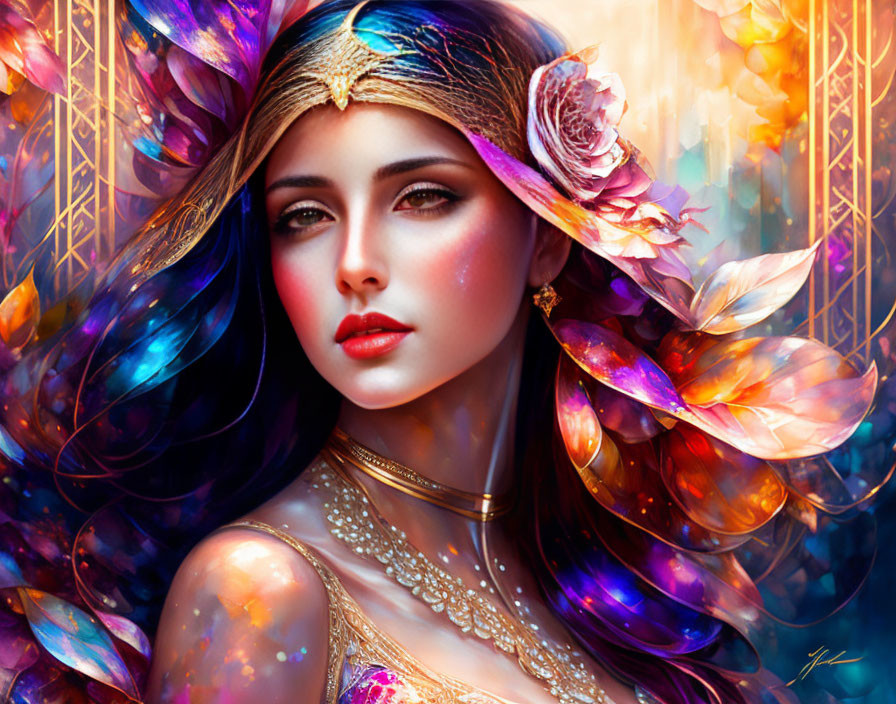 Colorful digital artwork: Woman with multicolored hair, golden headpiece, rose, luminous