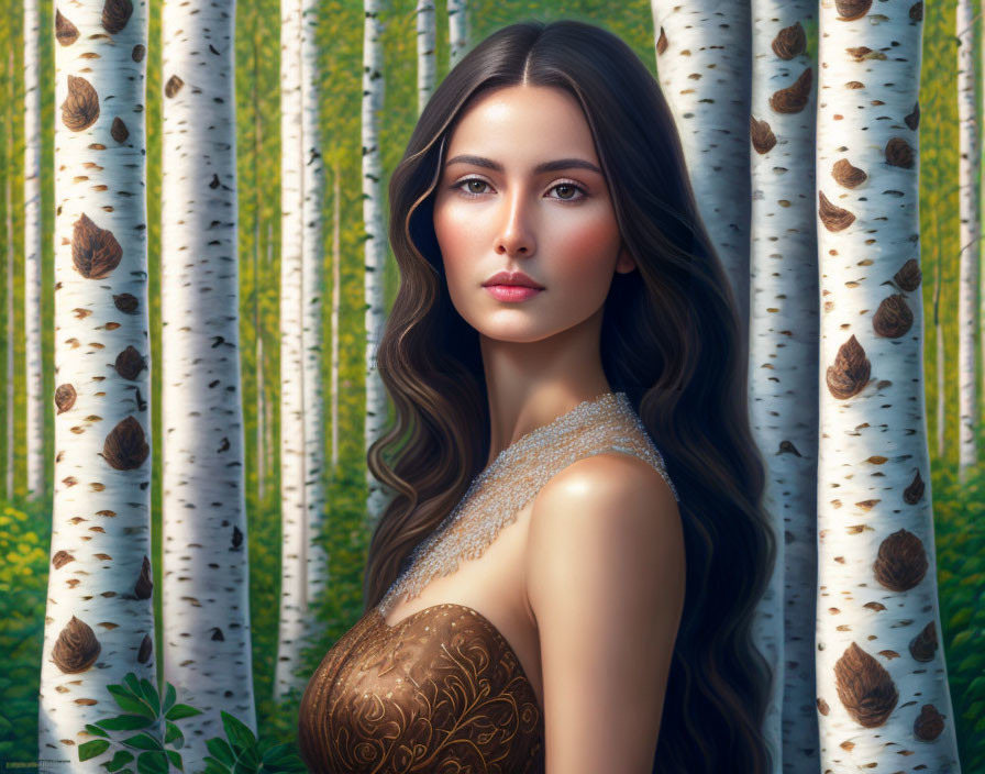 Woman with long hair in birch forest wearing brown dress and necklace