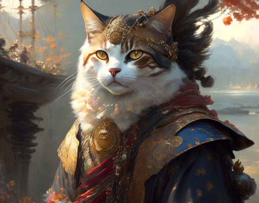 Regal anthropomorphic cat in ornate attire and jewelry against ethereal backdrop