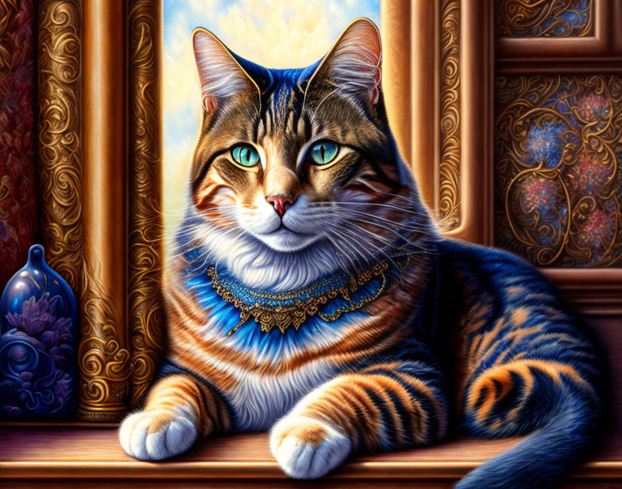 Tabby Cat with Green Eyes and Blue Necklace by Decorative Frames