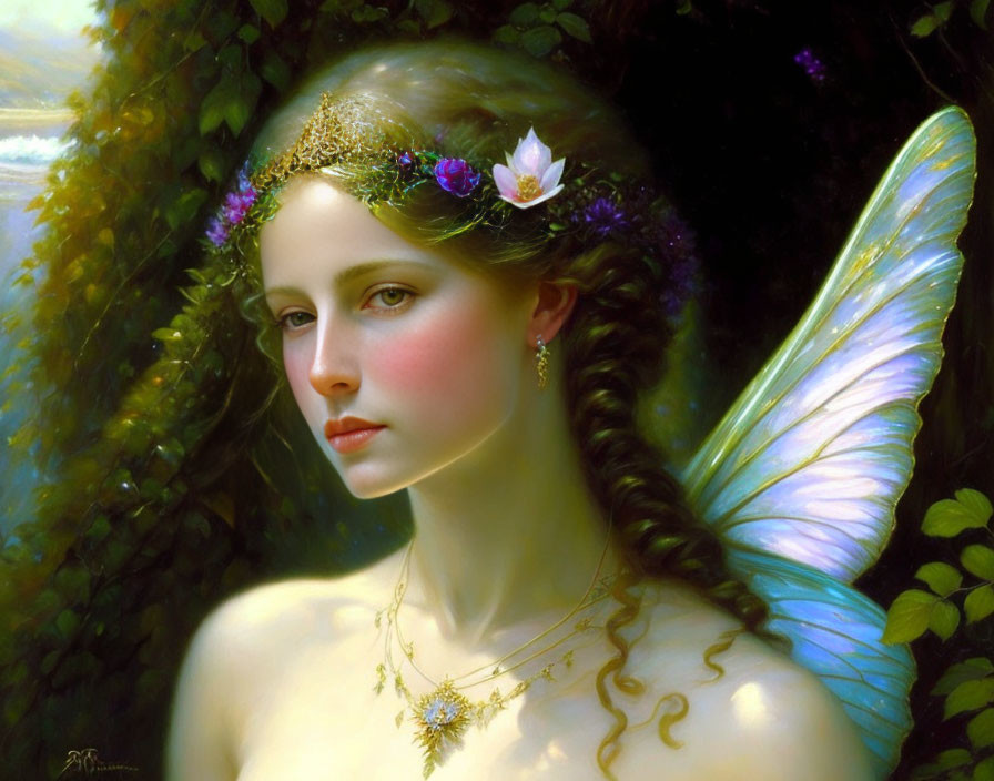 Ethereal female figure with fairy wings and floral crown in lush green setting