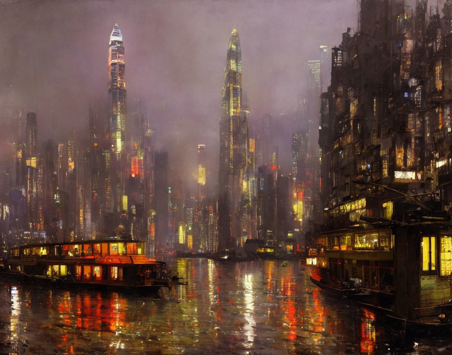 Dystopian cityscape at night with towering buildings and boats