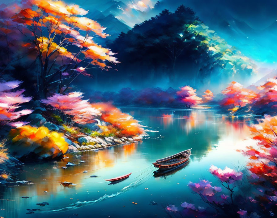 Colorful Digital Art: Serene River & Autumn Trees with Boat