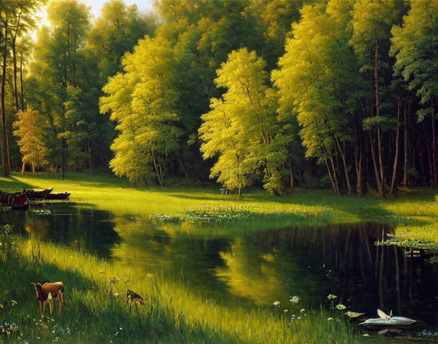 Tranquil river landscape with greenery, boat, deer, and birds