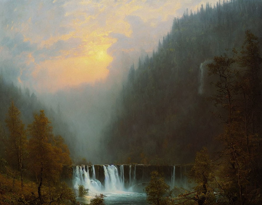 Misty waterfall in forest under glowing sunset sky