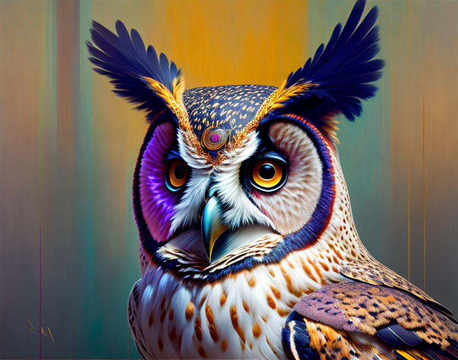 Vibrant owl illustration with detailed feathers on streaked background