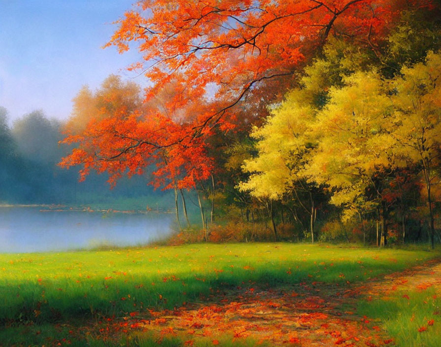 Vibrant autumn forest with misty lake and fallen leaves