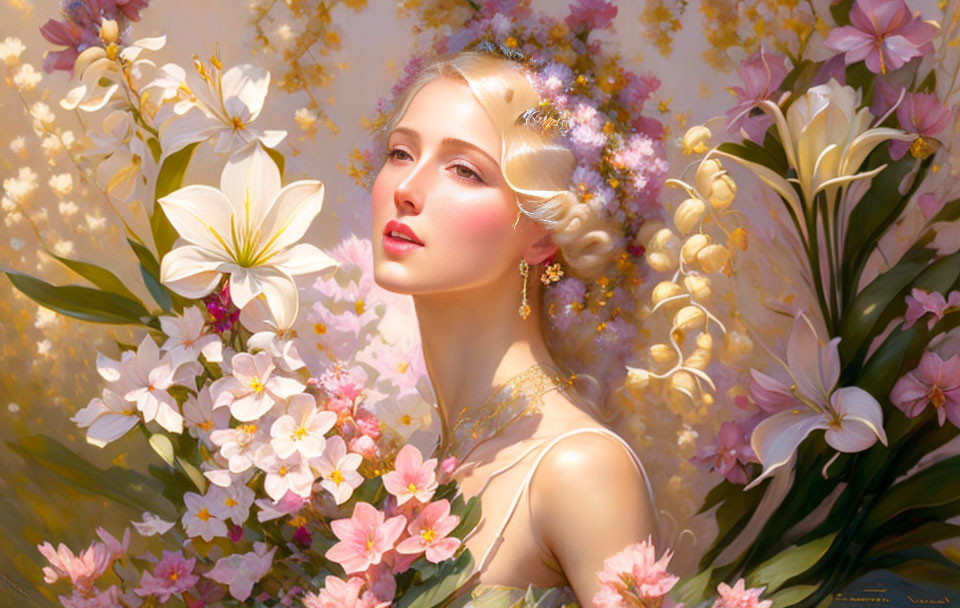 Young Woman in Flower Garden Portrait: Blooming Flowers and Soft Gaze