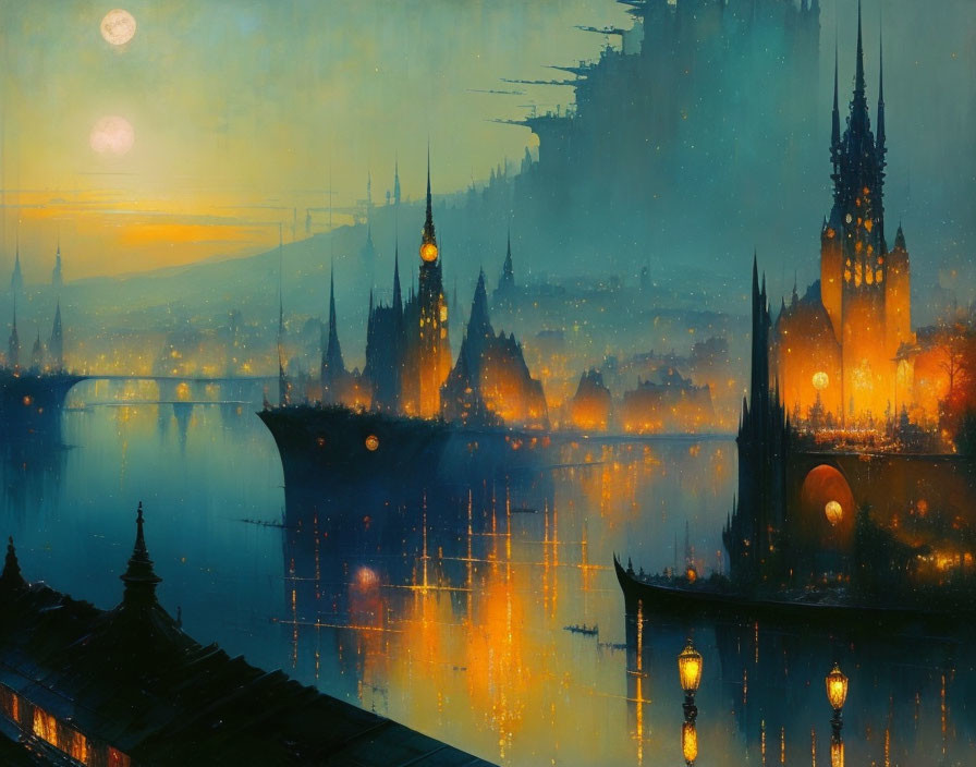 Ethereal night cityscape with gothic buildings, river reflections, and moonlit ship