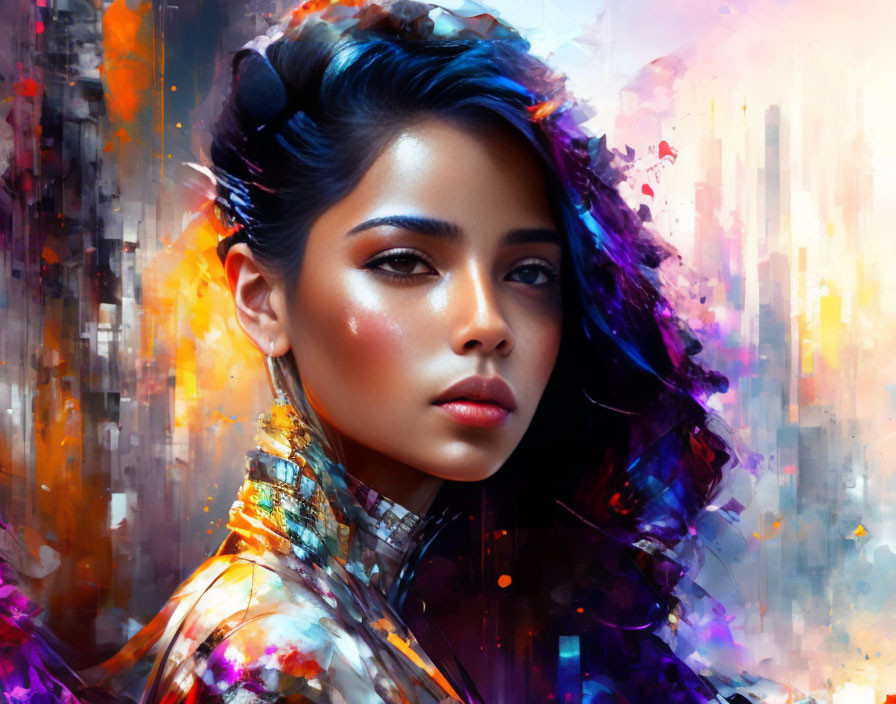 Dark-haired woman in vibrant abstract portrait