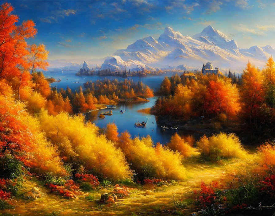 Scenic autumn landscape with vibrant foliage, lake, boats, castle, and mountains.