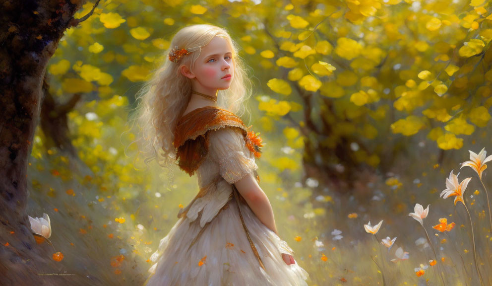 Young girl in white dress surrounded by blooming flowers in golden sunlight