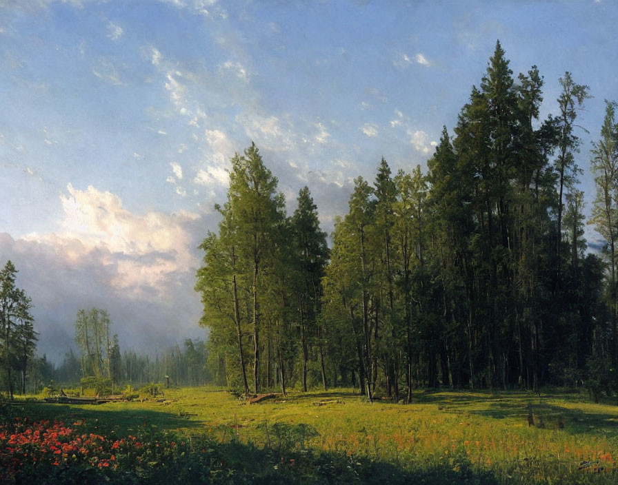 Tranquil landscape with tall trees, meadow, flowers, and blue sky