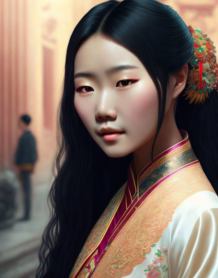 Digital painting of woman in traditional Asian attire with long black hair.