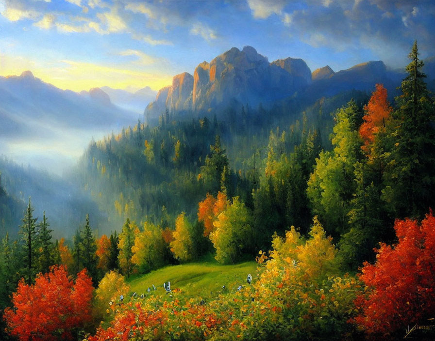 Autumn forest landscape painting with hazy mountains and soft sunlight