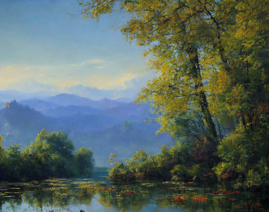 Tranquil river landscape with lush trees and misty mountains