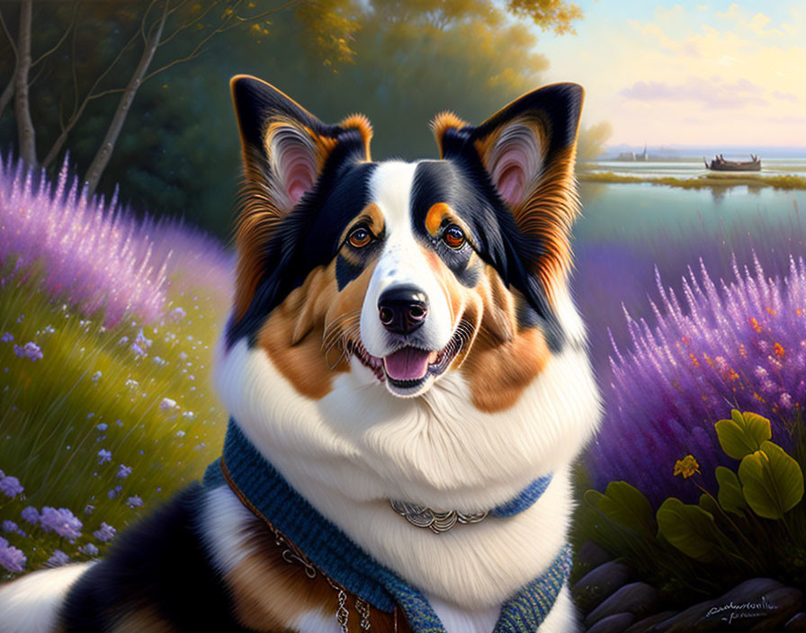 Tricolor Collie Dog in Field of Purple Flowers with Lake and Boat