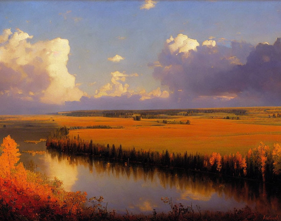 Tranquil river landscape with autumn trees and cloudy sky