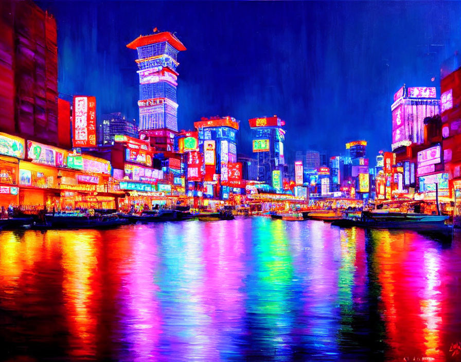 Colorful cityscape painting with neon signs, water reflections, and towering structure