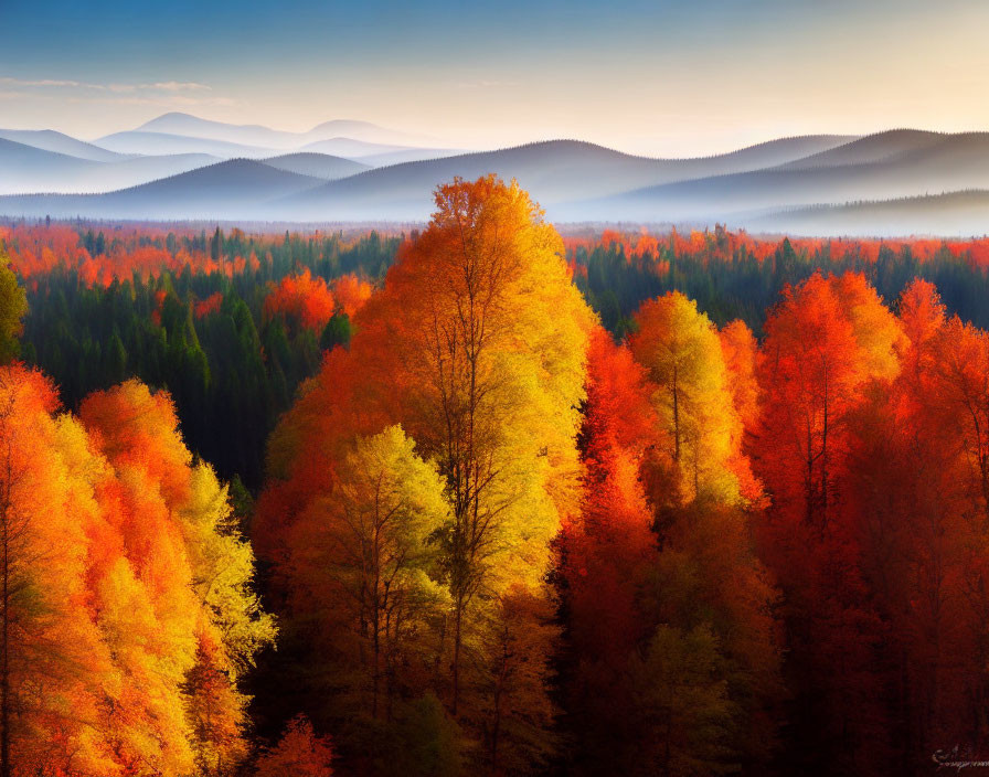 Colorful Autumn Forest with Sunrise and Mountain Silhouettes