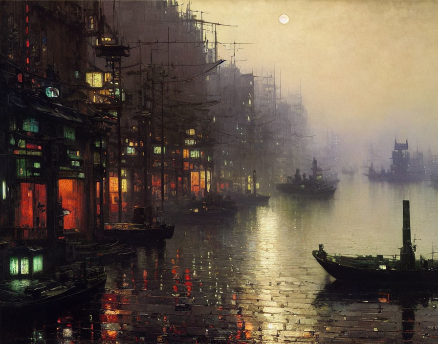 Misty nocturnal river scene with traditional boats and illuminated windows