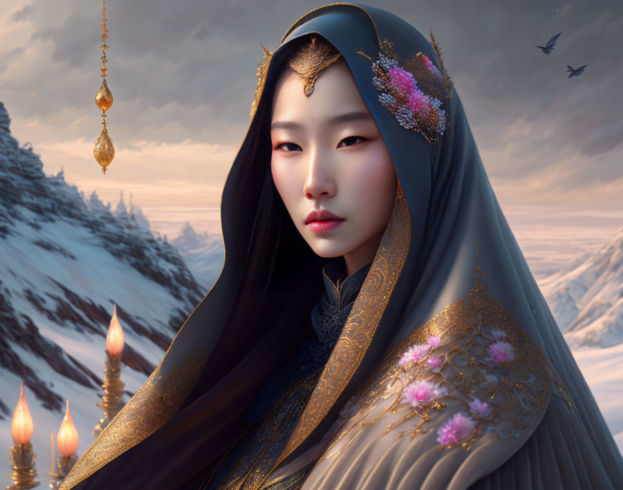 Traditional Attire Woman Amid Snowy Mountain Landscape & Birds