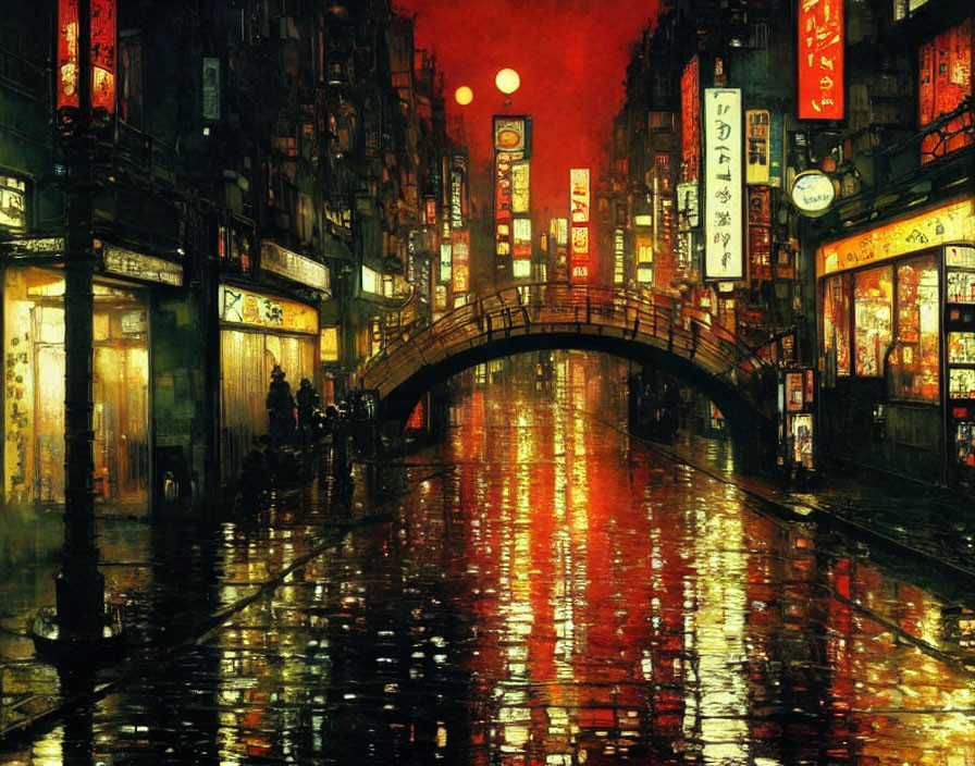 Nocturnal cityscape with rain-drenched street and arched bridge